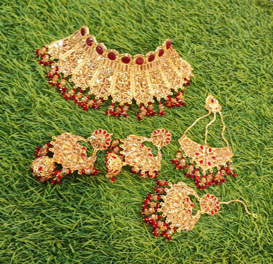 Arham Jewellery - Bridal Gold & Red Choker Set