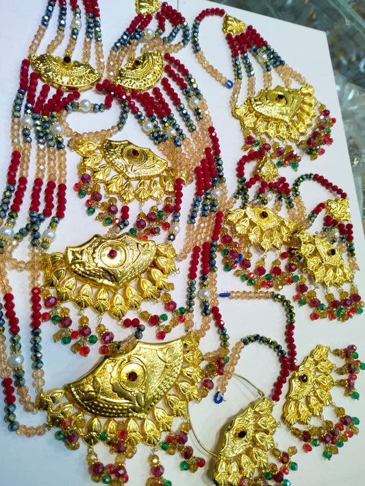 3 Layer Bridal Set with Jhumar, Bindiya, Earrings & Nath