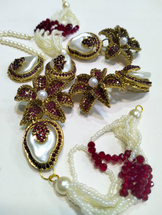 White Pearl & Maroon Stone Jewellery Set