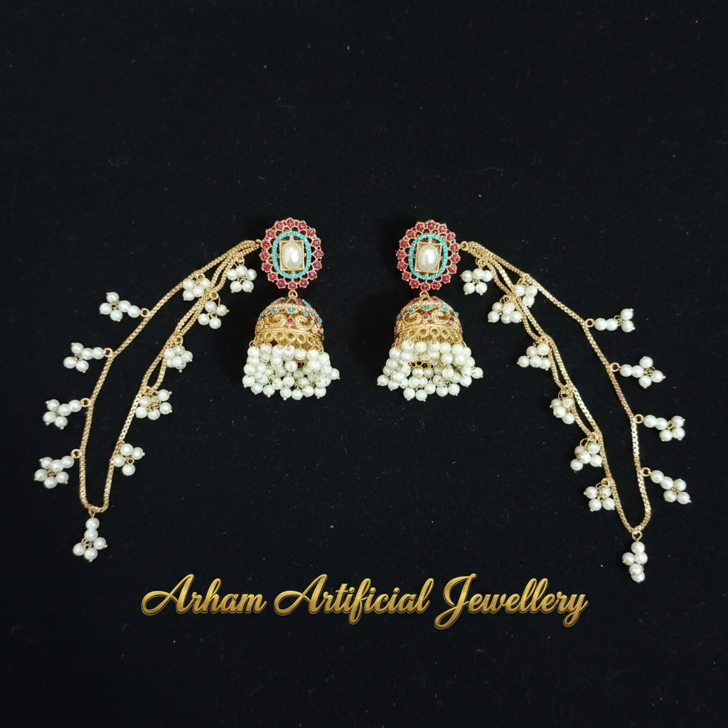 Pearl Jhumka Earrings with Sahara Chain | Meenakari Gold Tone