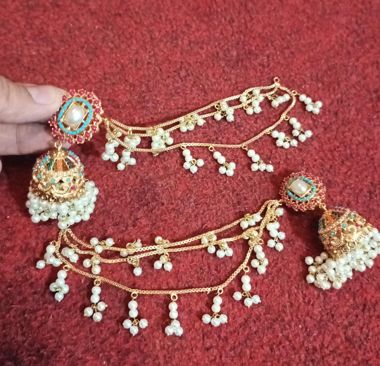 Pearl Jhumka Earrings with Sahara Chain | Meenakari Gold Tone